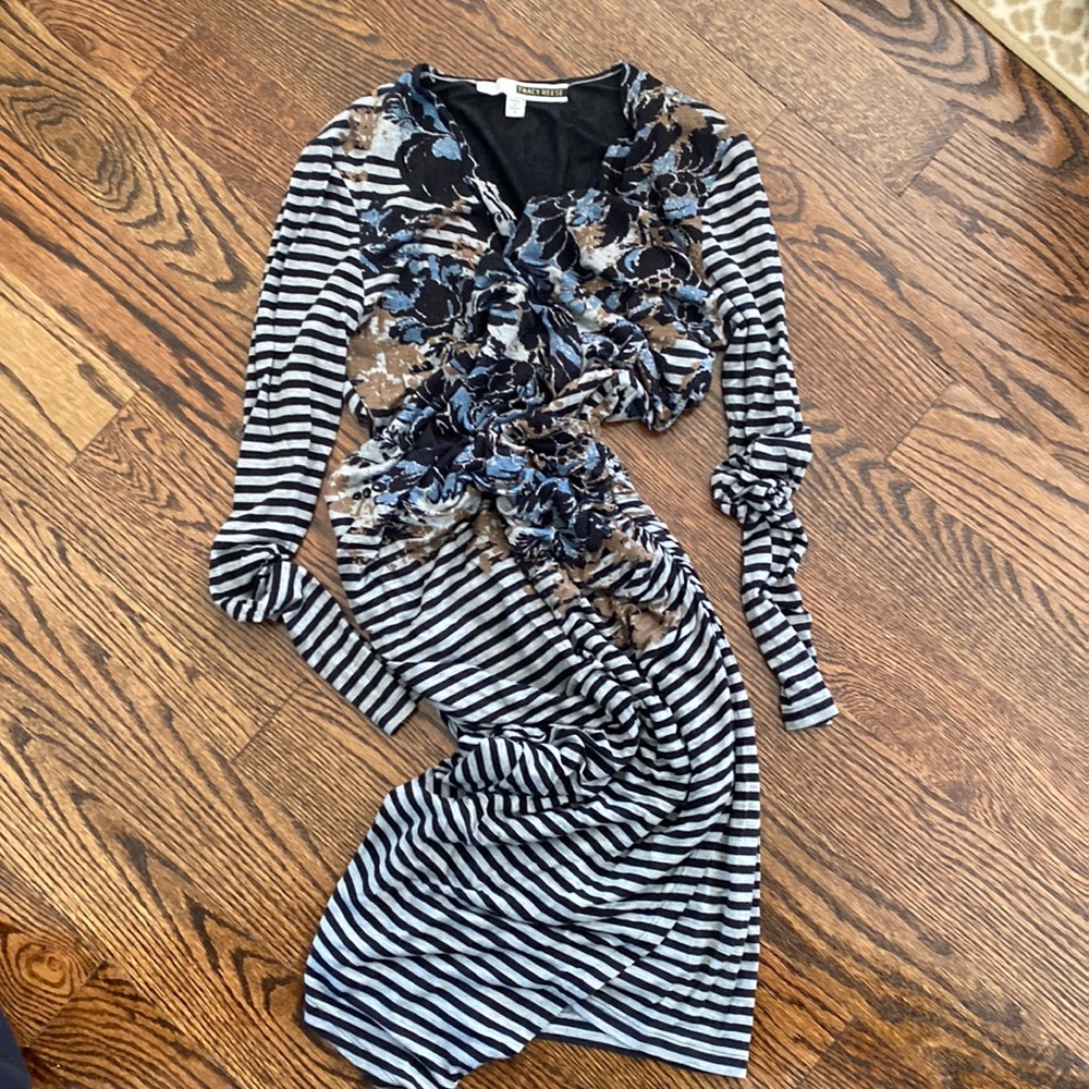 Tracy Reese Black, White & Brown Striped Floral Wrap Dress